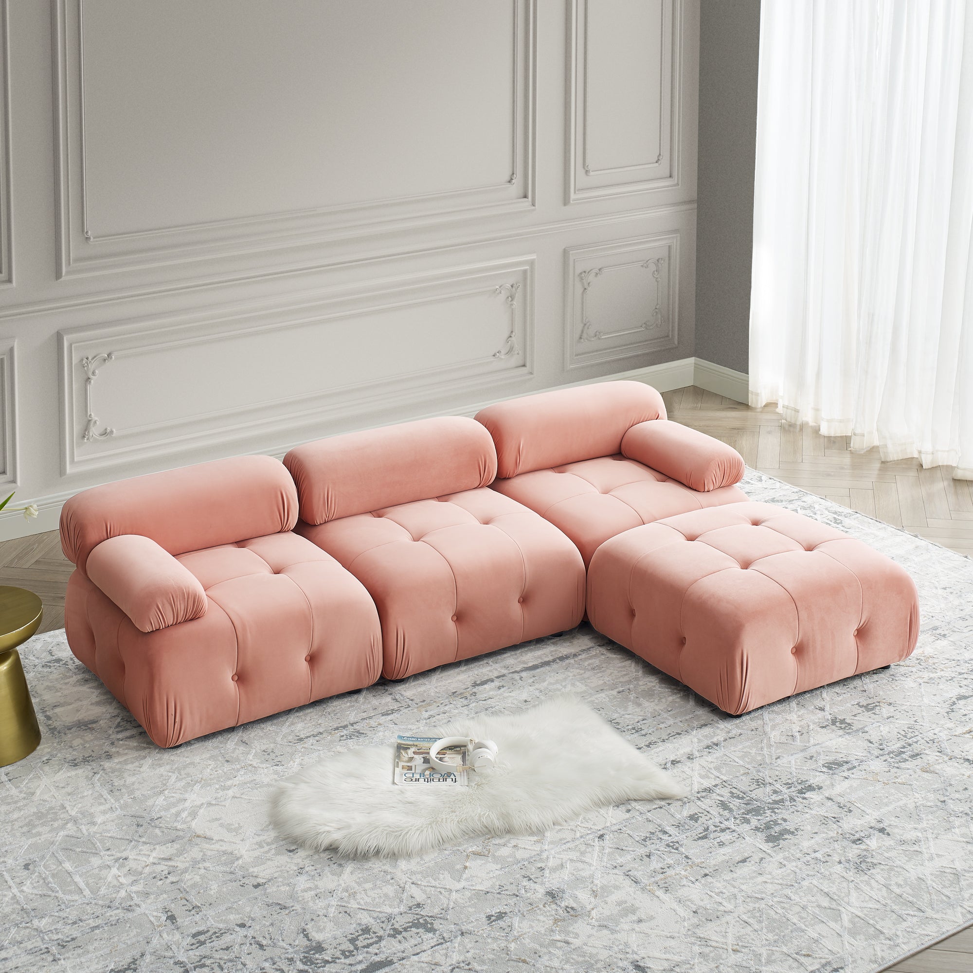 Pink Velvet Modular Sectional Sofa, Button-Tufted, L-Shaped, DIY Combo