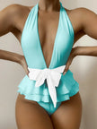 Sleek Ruffle Monokini: White & Black Deep V Push-Up Backless Swimsuit