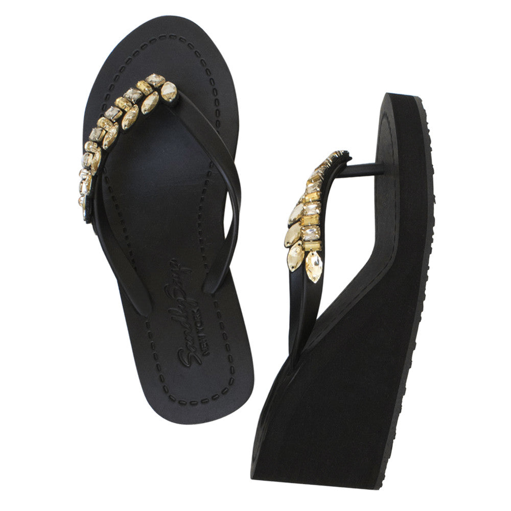 Smith - Gold Rhine Stone Embellished Women's High Wedge Flip Flops Sandal