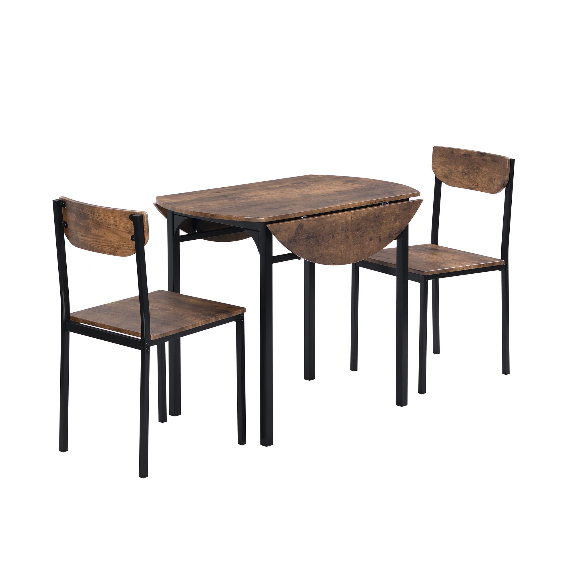 3-Piece Round Dining Set with Drop Leaf, Black Frame & Rustic Brown