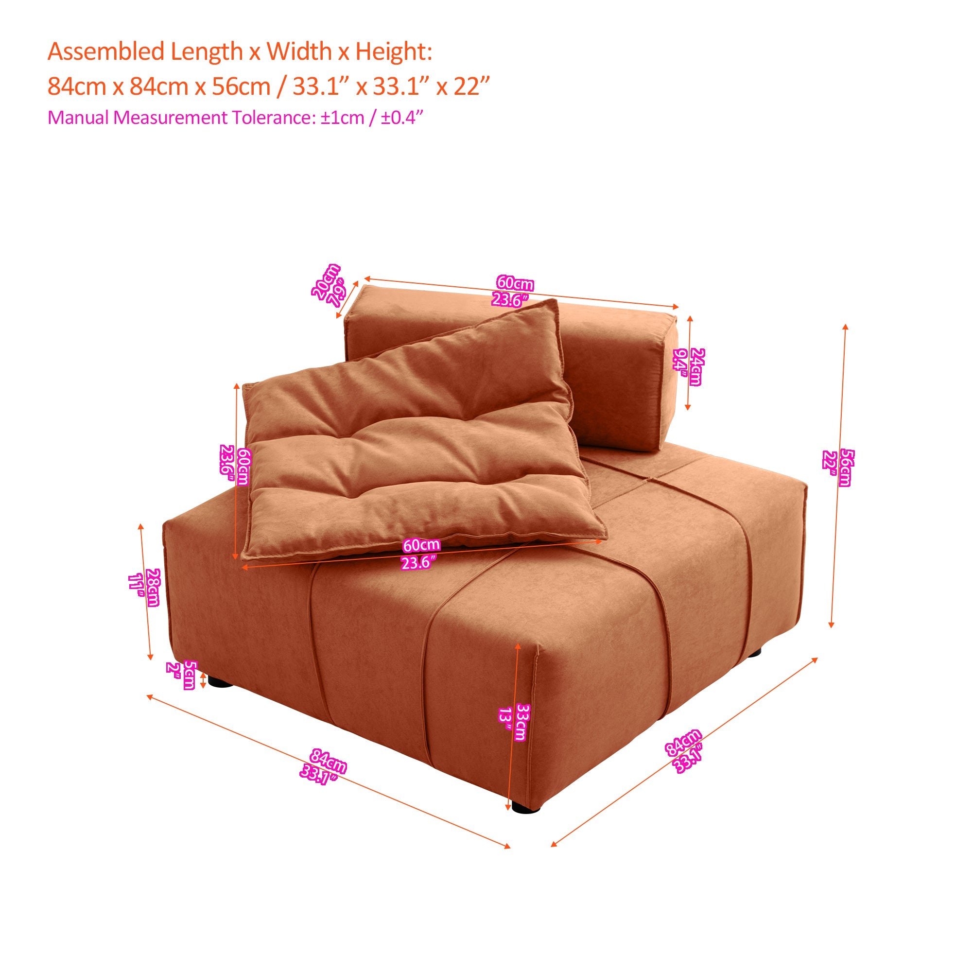 Modular Armless Sofa Chair w/ Removable Back Cushion, 33.1