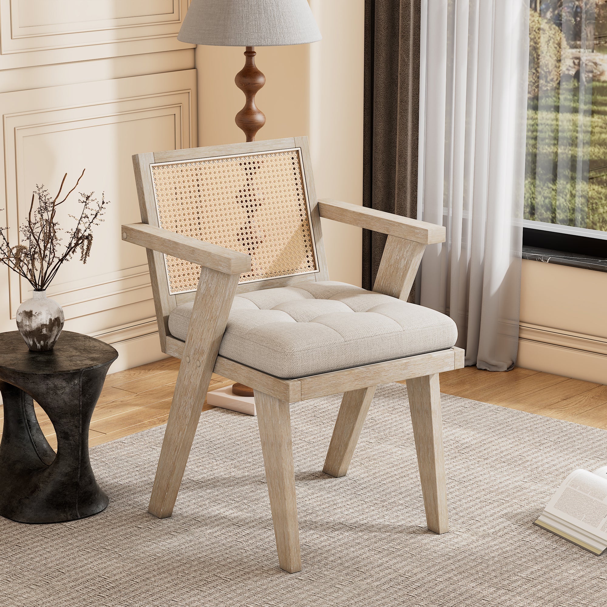 Mid-Century Accent Chair with Rattan Backrest & Padded Seat for Any Room