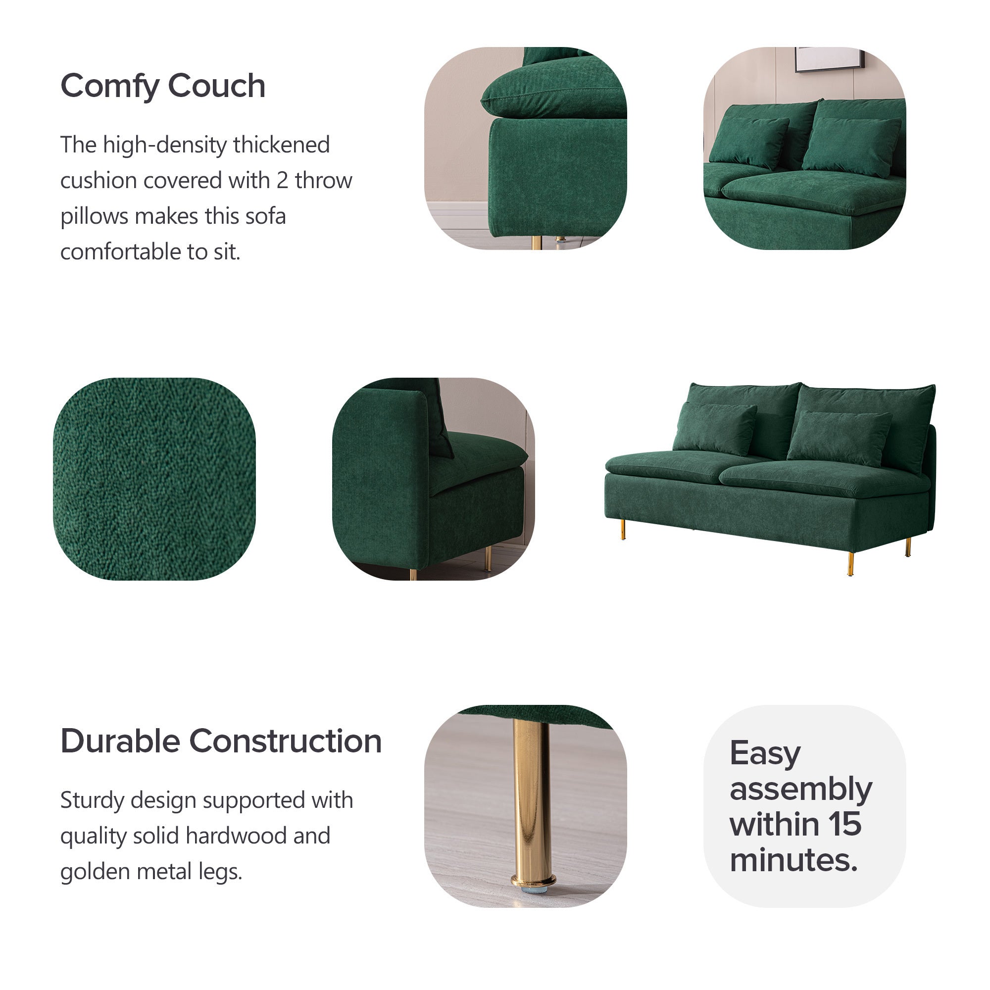 Emerald Cotton Linen Armless Loveseat Settee Bench - 59.8