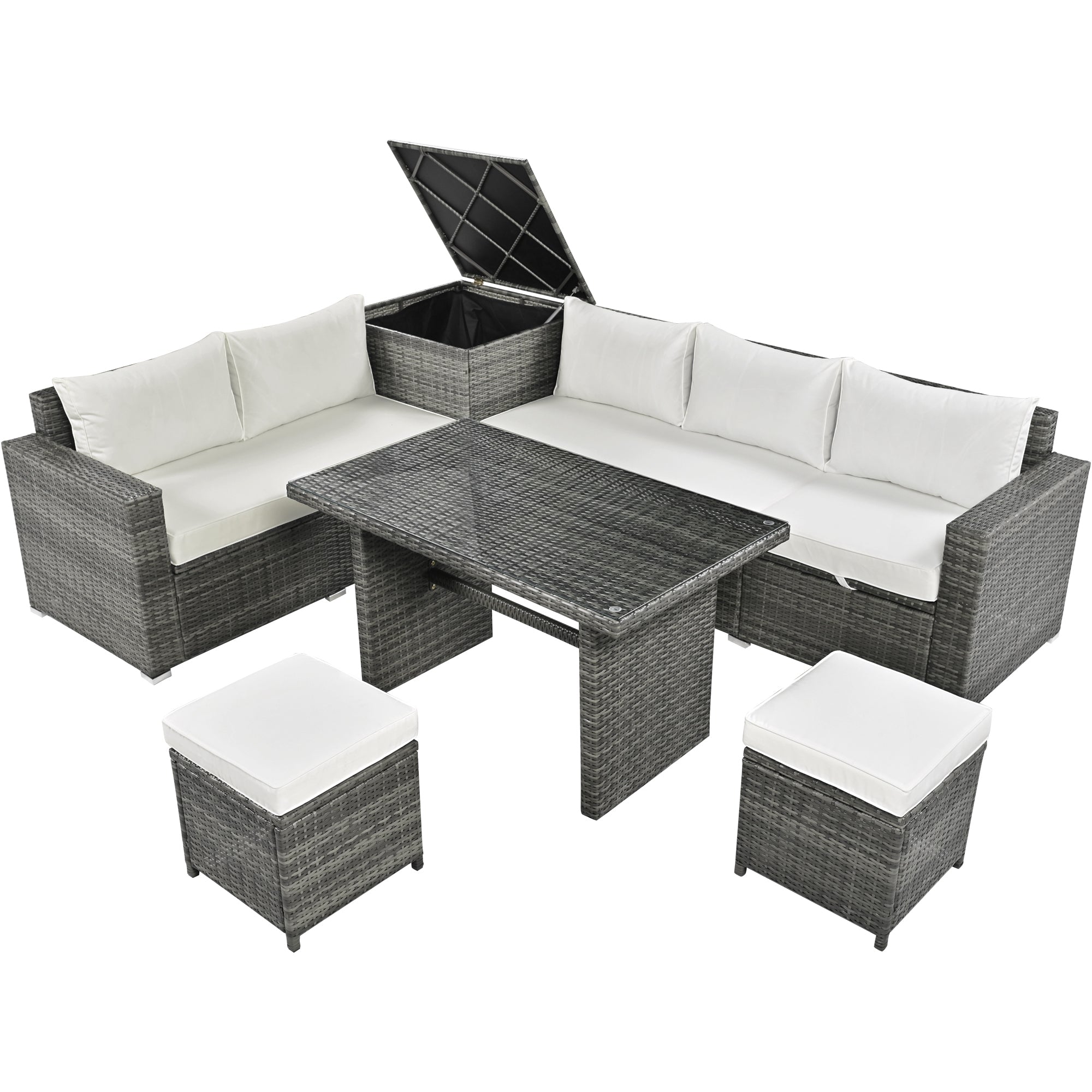 6-Piece All-Weather PE Rattan Sofa Set with Adjustable Seats & Storage