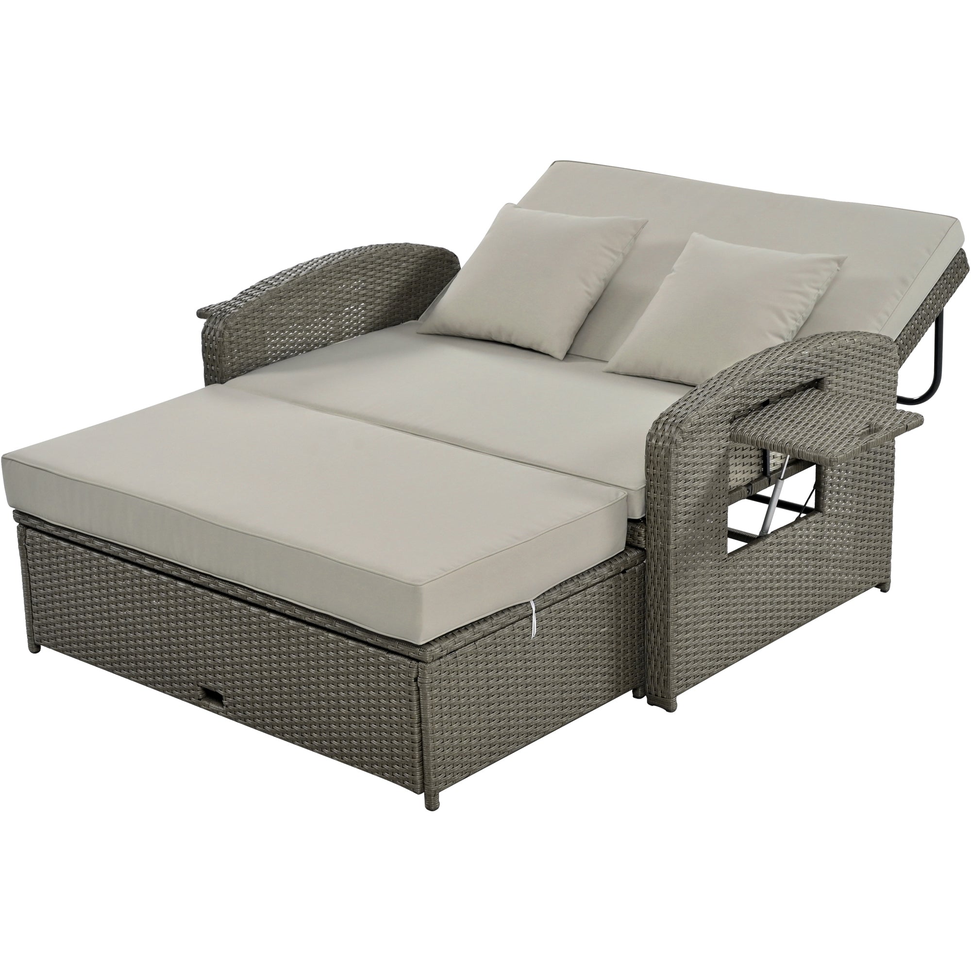 PE Wicker Rattan Double Chaise Lounge, Adjustable Reclining Daybed