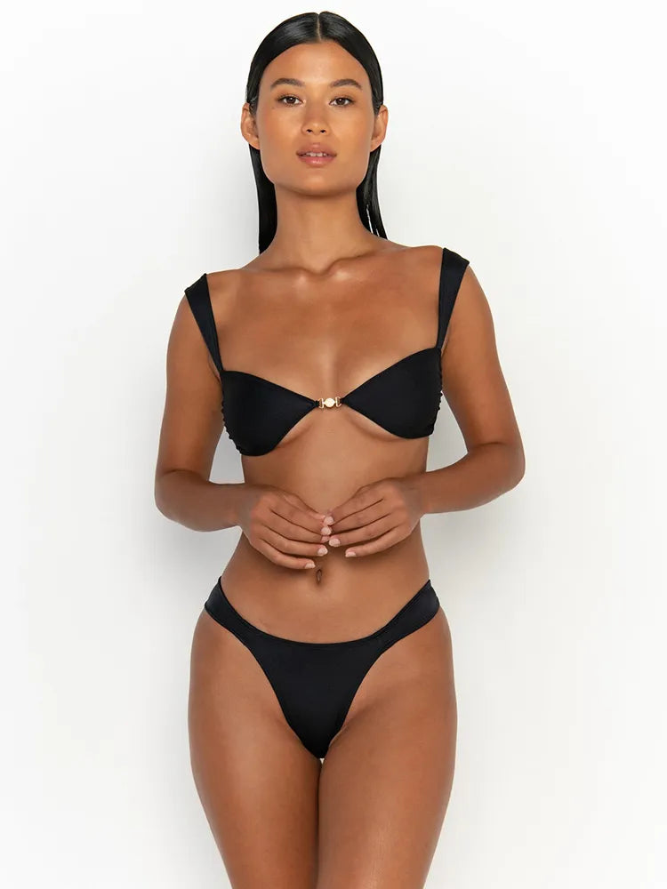 Ensemble bikini push-up : maillot de bain de couleur unie, vêtements de plage sexy