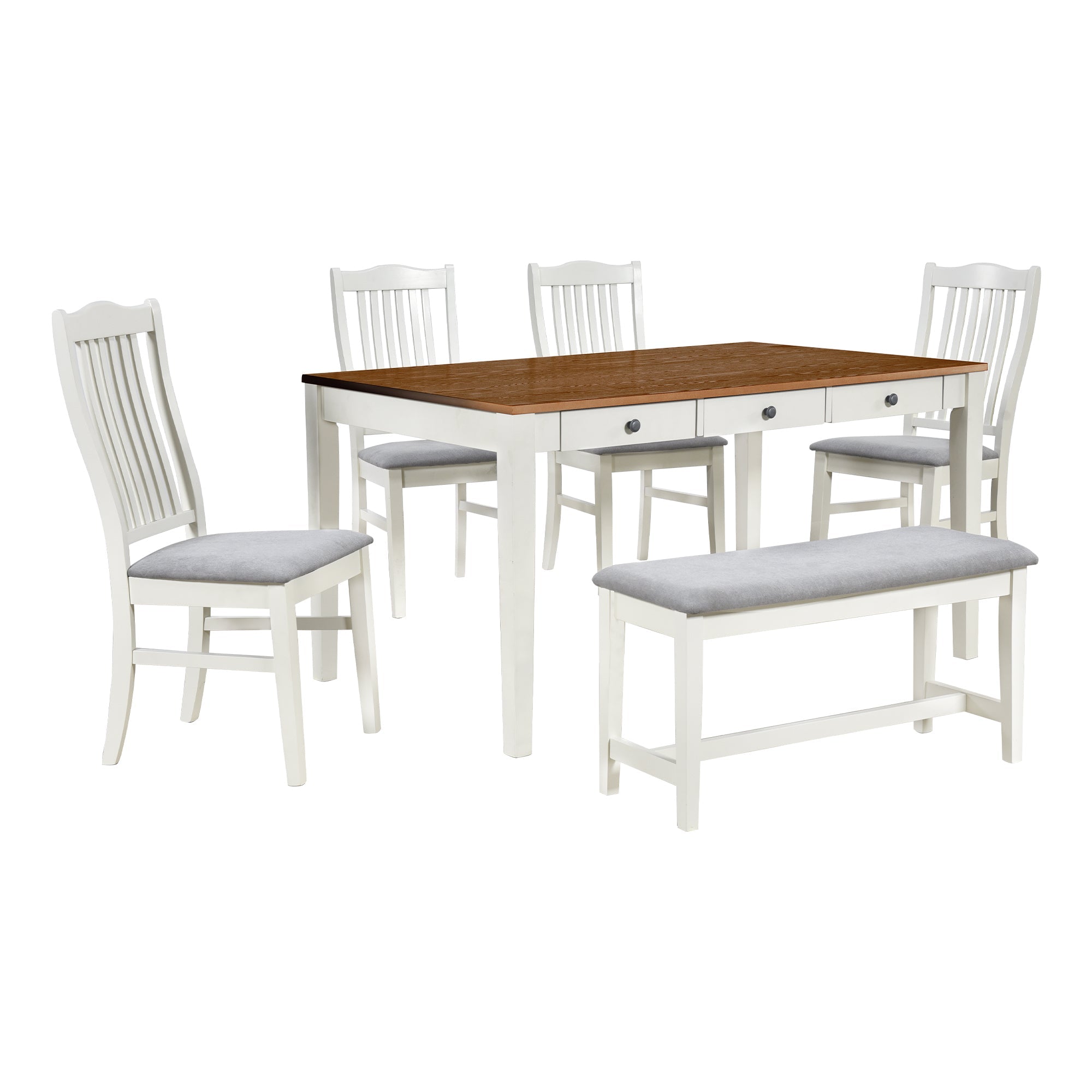 Mid-Century 6-Piece Wood Dining Set with Drawer, Upholstered Chairs