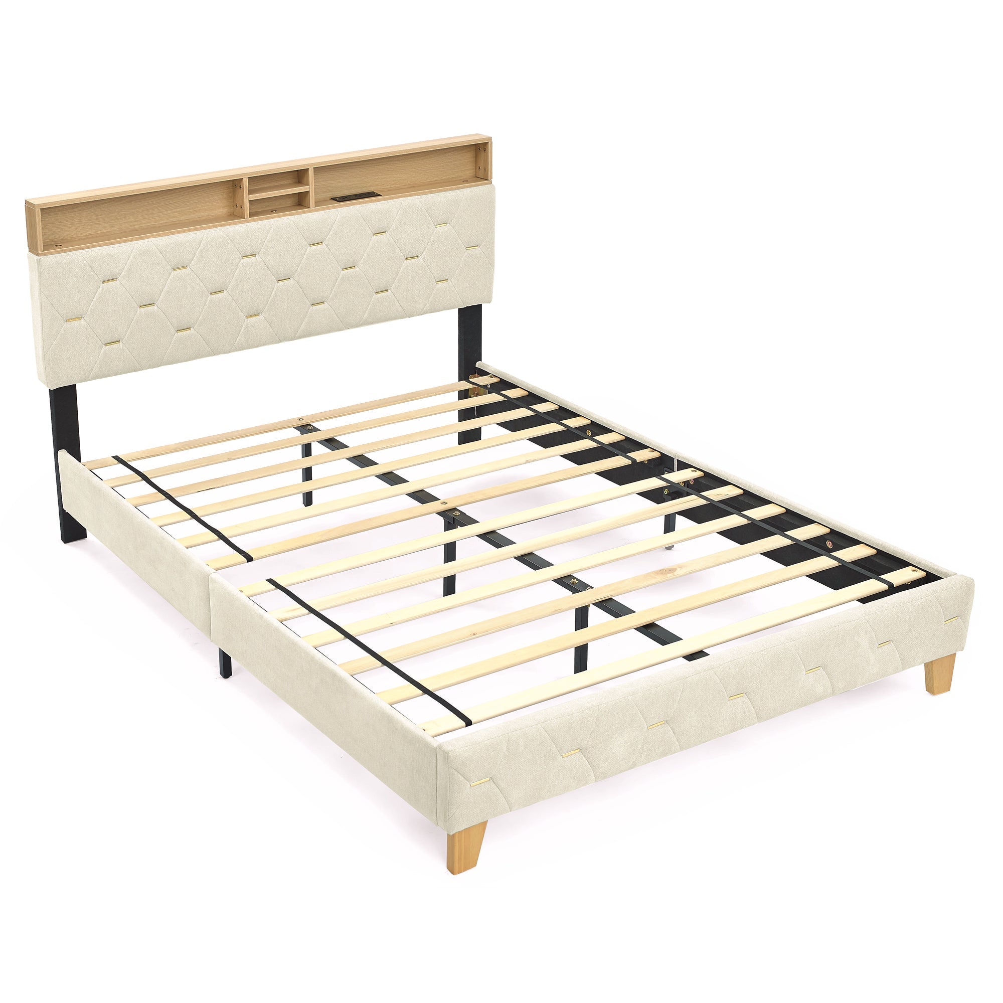 Queen Bed Frame with Upholstered Headboard, USB Ports, Wood Legs