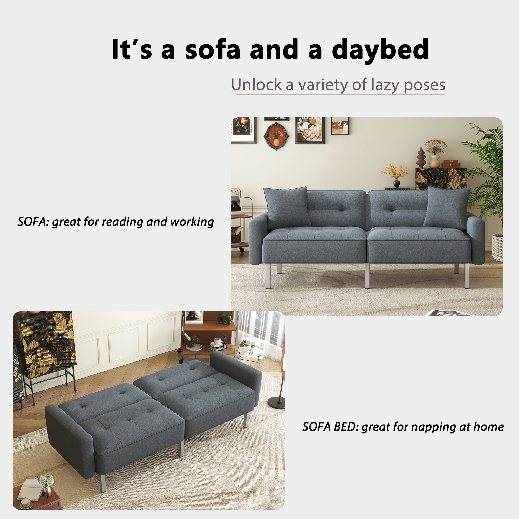 Modern Linen Convertible Futon Sofa Bed for Small Spaces & Apartments