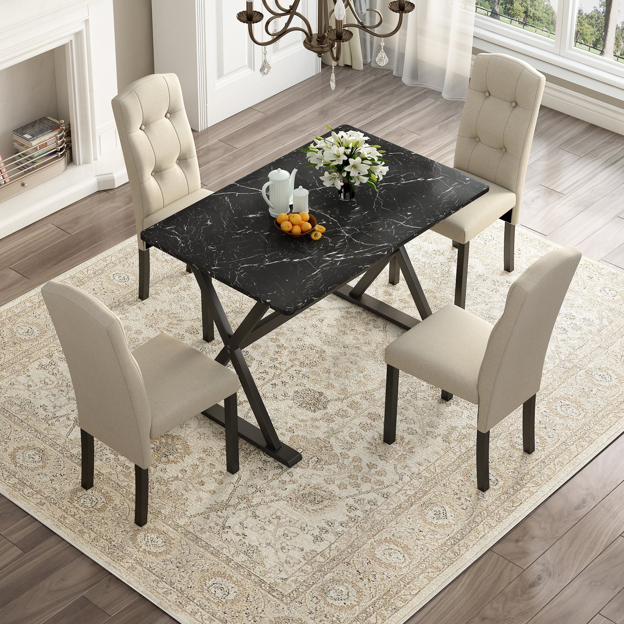 5-Piece Solid Wood Dining Set: Faux Marble Table & Upholstered Chairs