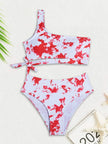 Ensemble bikini taille haute léopard à une épaule - Maillot de bain 2 pièces push-up pour femme