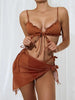 Chic Lettuce Trim Tie-Front Bikini Set with Ruffled Mesh Cover-Up