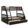 Espresso Solid Wood Twin Over Full Bunk Bed with 2 Storage Drawers