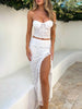 Chic White Ruffled Mesh 2-Piece Set - Sexy Backless Top & Side Split Skirt