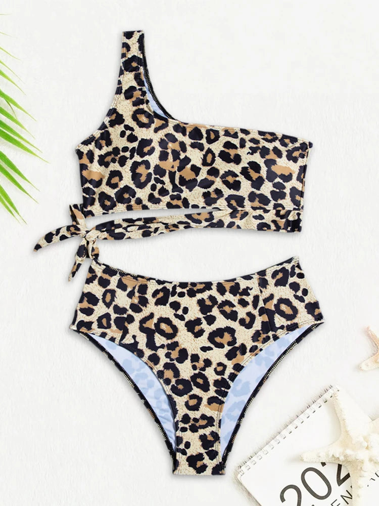 Ensemble bikini taille haute léopard à une épaule - Maillot de bain 2 pièces push-up pour femme