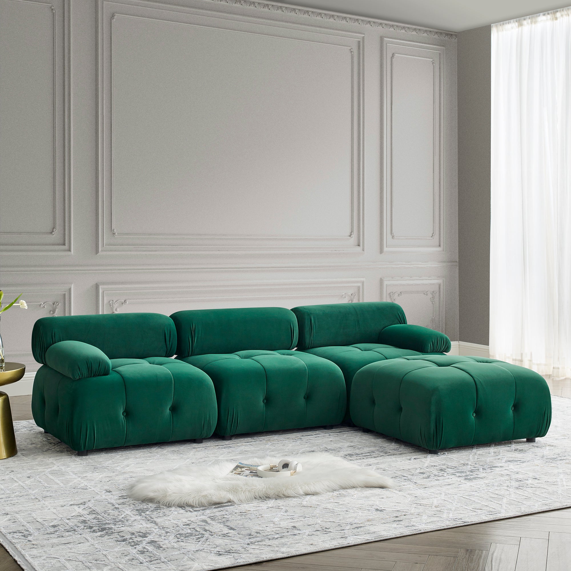 DIY L-Shaped Green Velvet Sofa, Button Tufted, Reversible Ottoman