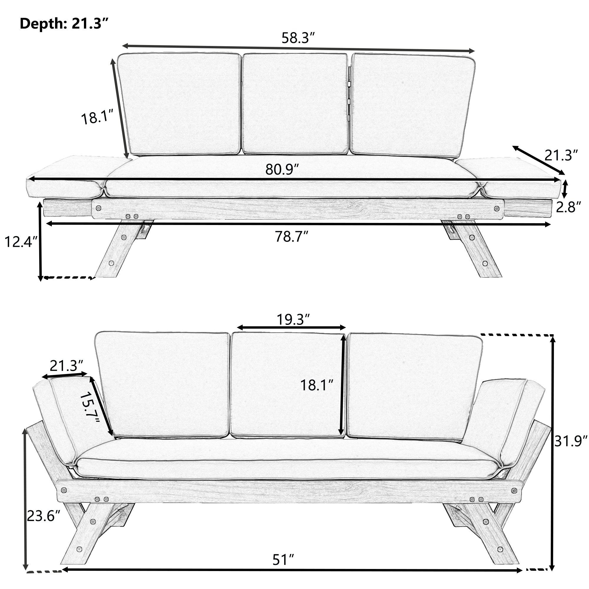 Adjustable Wooden Patio Daybed Sofa with Cushions, Brown + Gray Finish