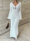 Chic White Knit Maxi Dress - See-Through V-Neck Beach Cover Up