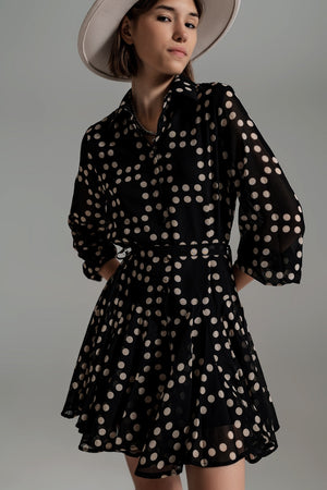 Fit and Frill Polka Dot Dress With Voluminous Sleeves in Black