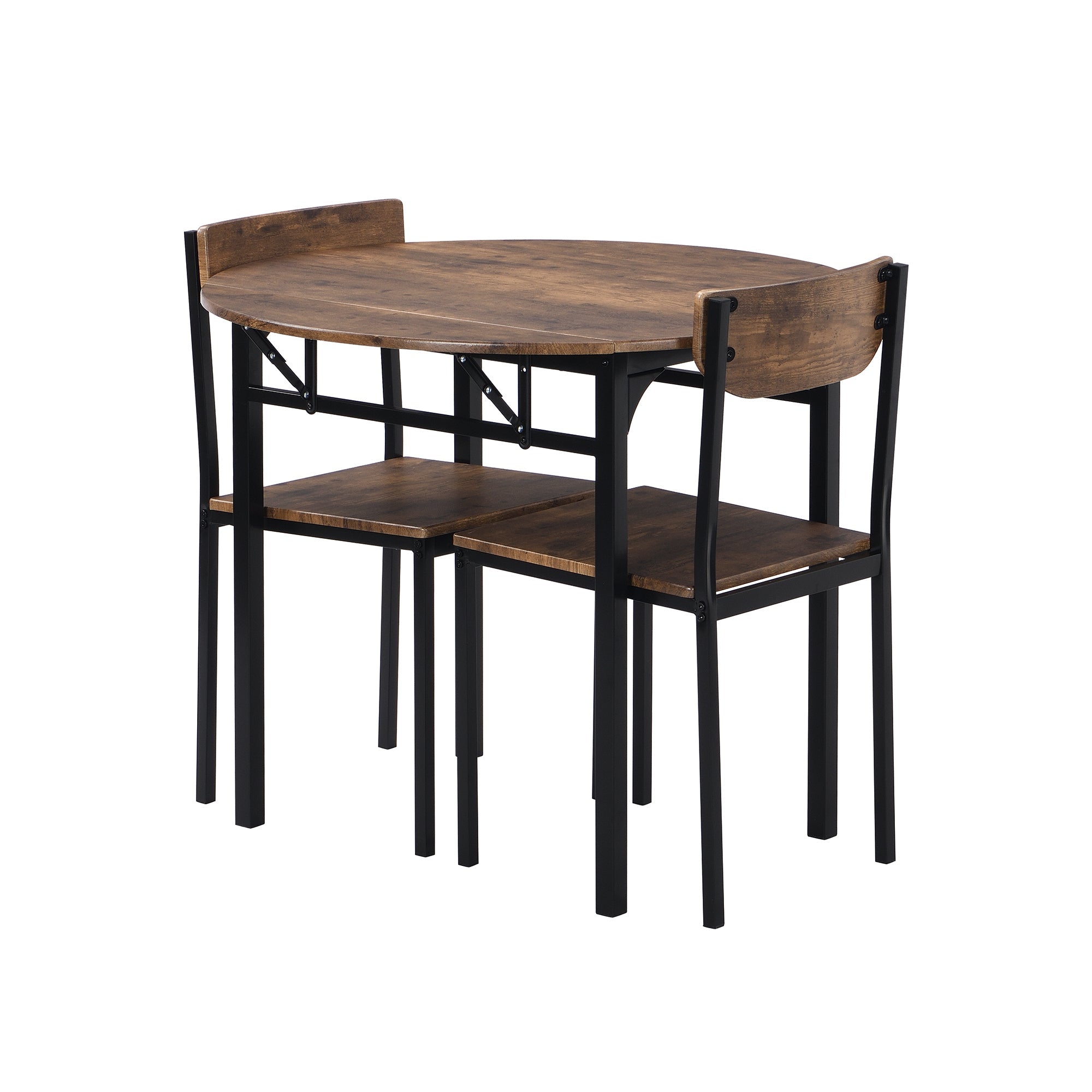 3-Piece Round Dining Set with Drop Leaf, Black Frame & Rustic Brown