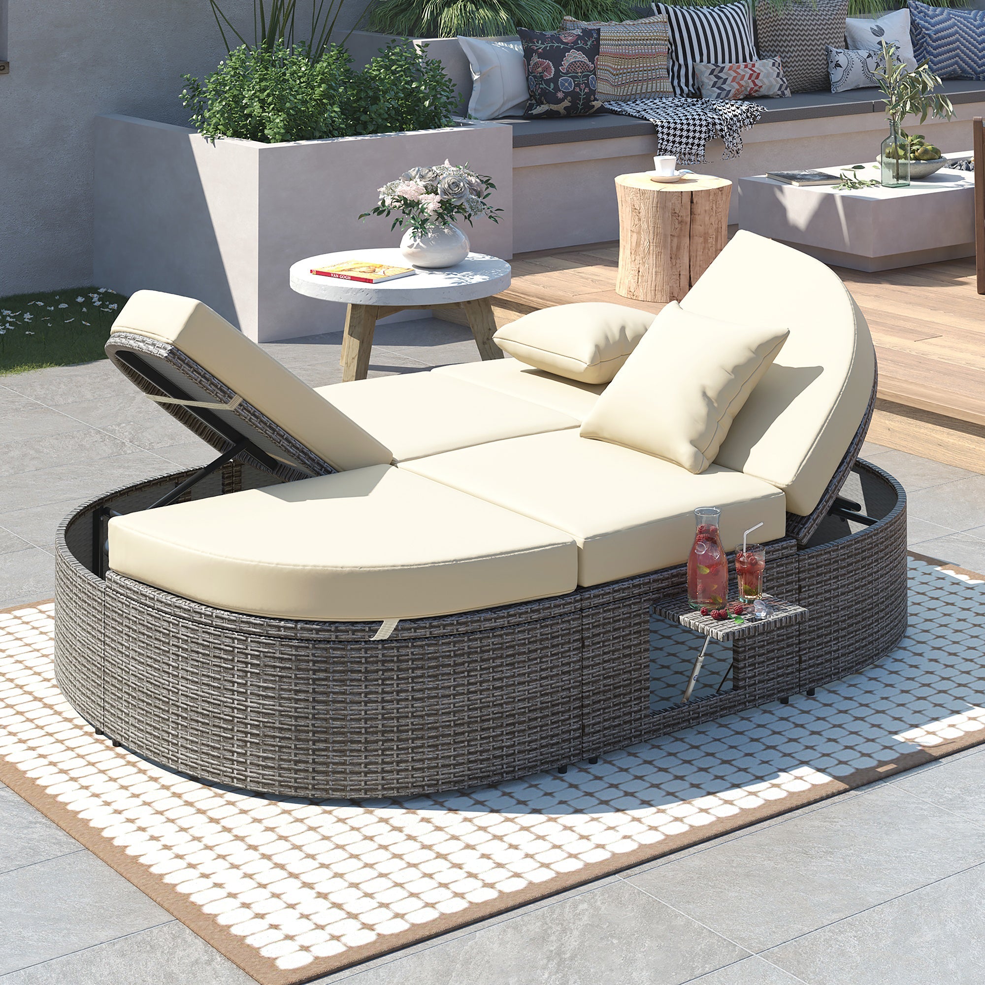 2-Person Rattan Daybed w/ Adjustable Back, Cushions & Pillows