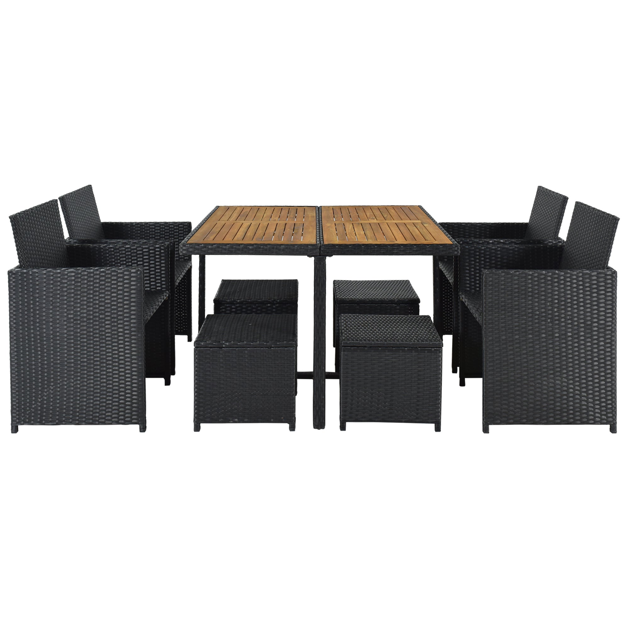 All-Weather 9-Piece Patio Dining Set, Wood Top, Black Wicker & Beige Cushions