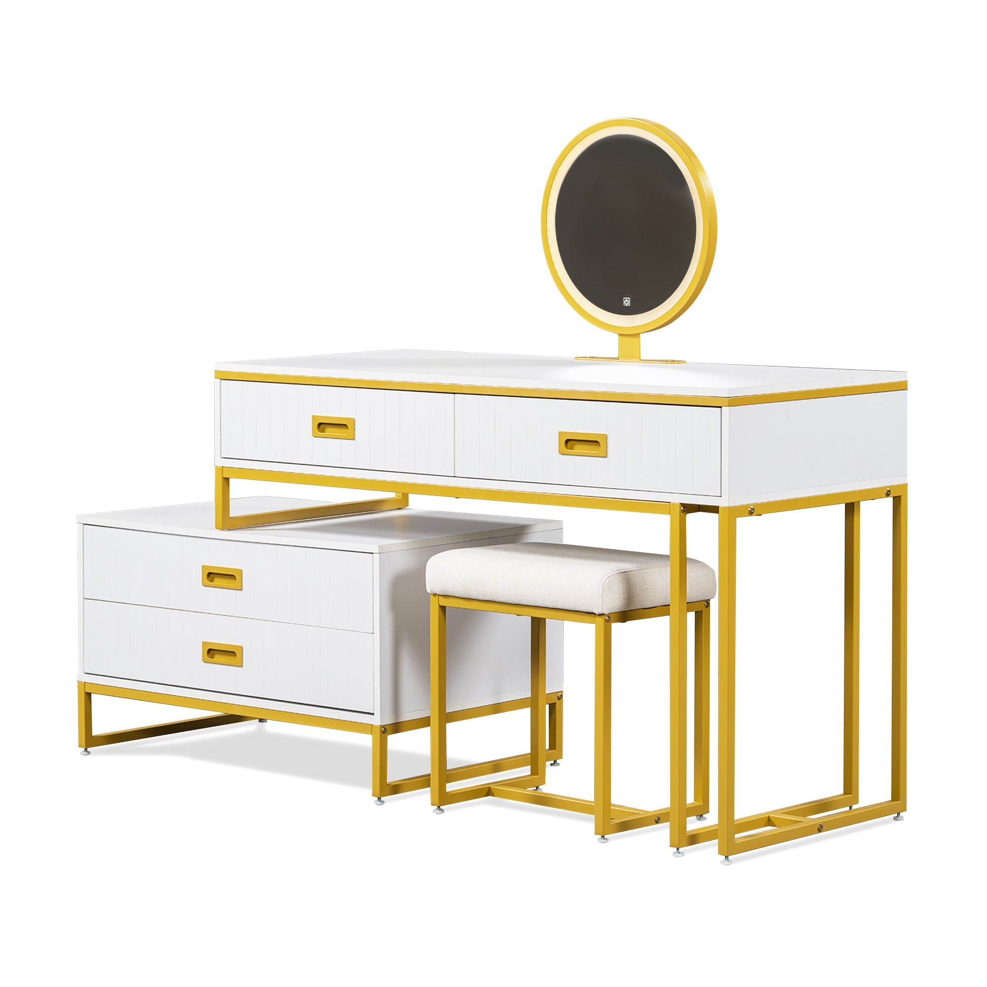 Modern Vanity Table with Movable Side Cabinet, 4 Drawers & Mirror