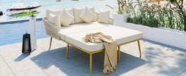 Outdoor Patio Daybed for 2, Woven Rope Backrest & Washable Cushions, Beige