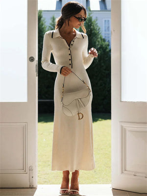 Elegant Patchwork Lapel Maxi Dress - Slim Fit Knitwear for Parties