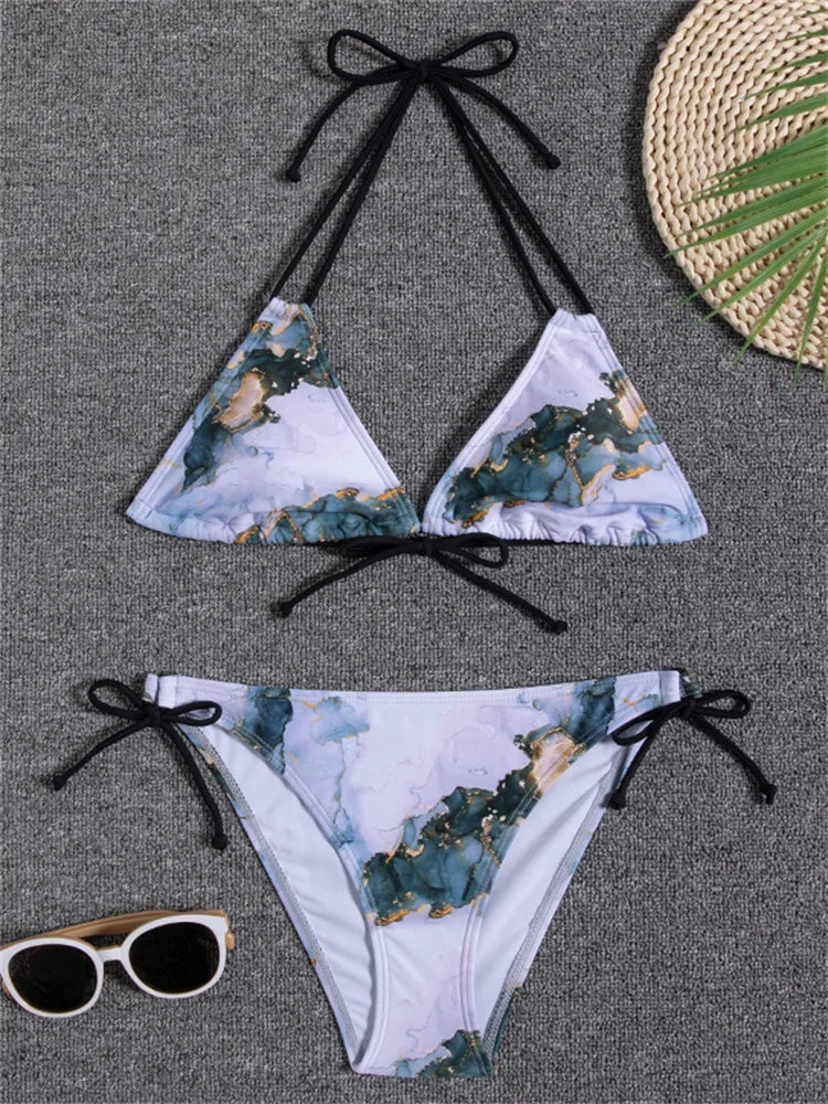 Ensemble micro bikini floral - Maillot de bain string avec haut à lacets