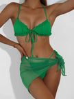 Chic Lettuce Trim Tie-Front Bikini Set with Ruffled Mesh Cover-Up