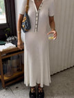 Elegant Tossy White Knit Maxi Dress - Short Sleeve, Patchwork, Lapel, High Waist