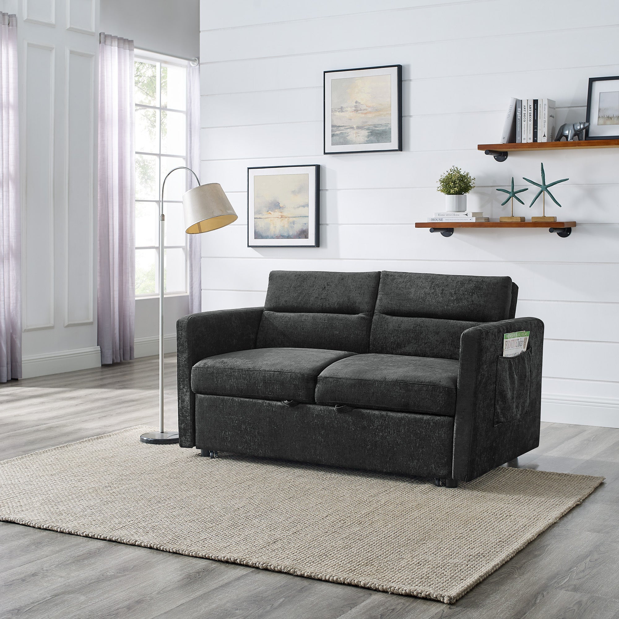 Black Loveseat Sofa Bed with Pull-Out Bed, Adjustable Back & Arm Pockets