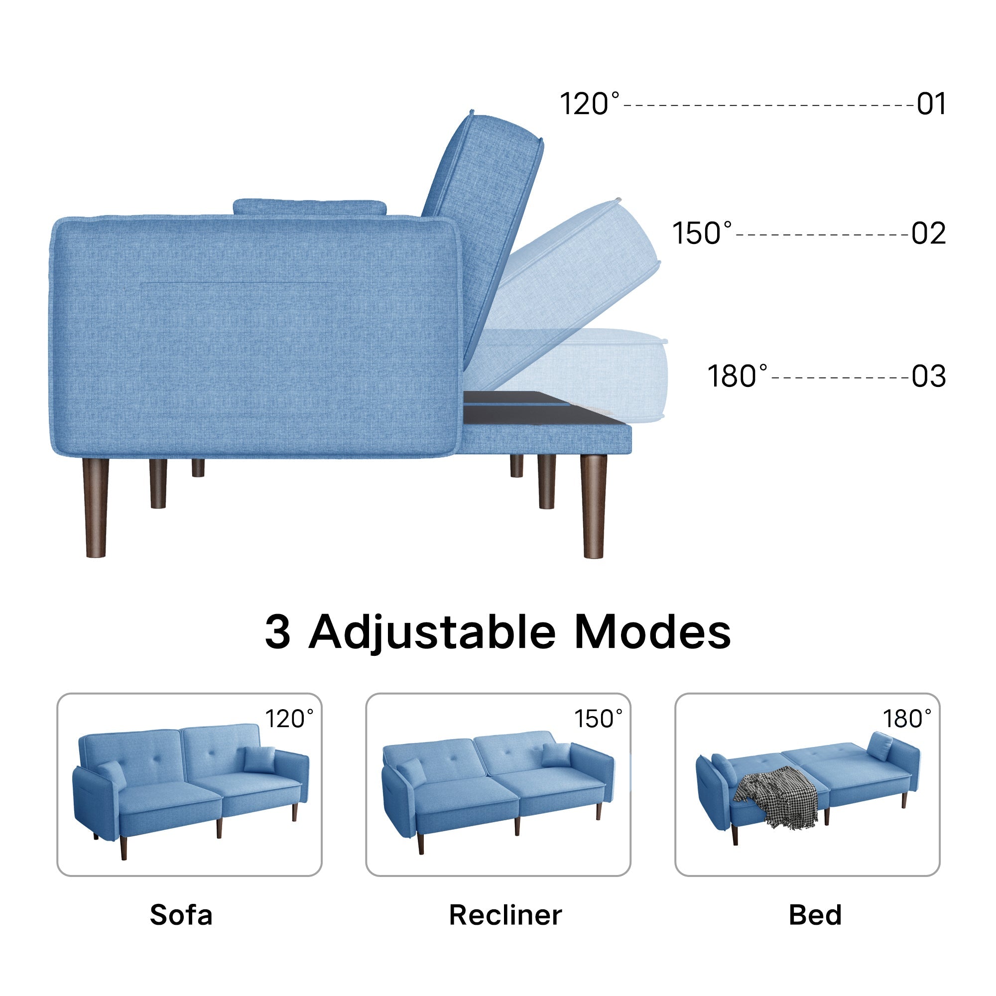 Blue Fabric Futon Sofa Bed with Solid Wood Legs for Living & Bedroom