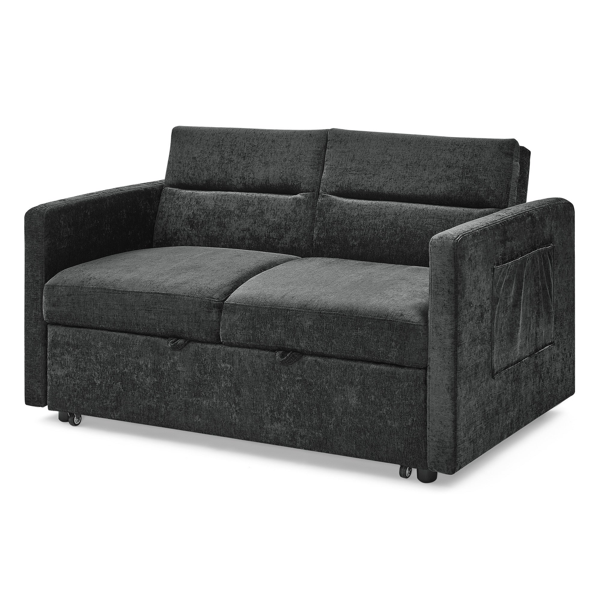 Black Loveseat Sofa Bed with Pull-Out Bed, Adjustable Back & Arm Pockets