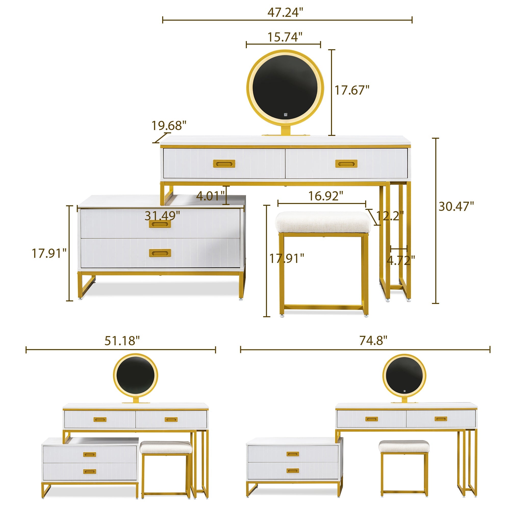 Modern Vanity Table with Movable Side Cabinet, 4 Drawers & Mirror