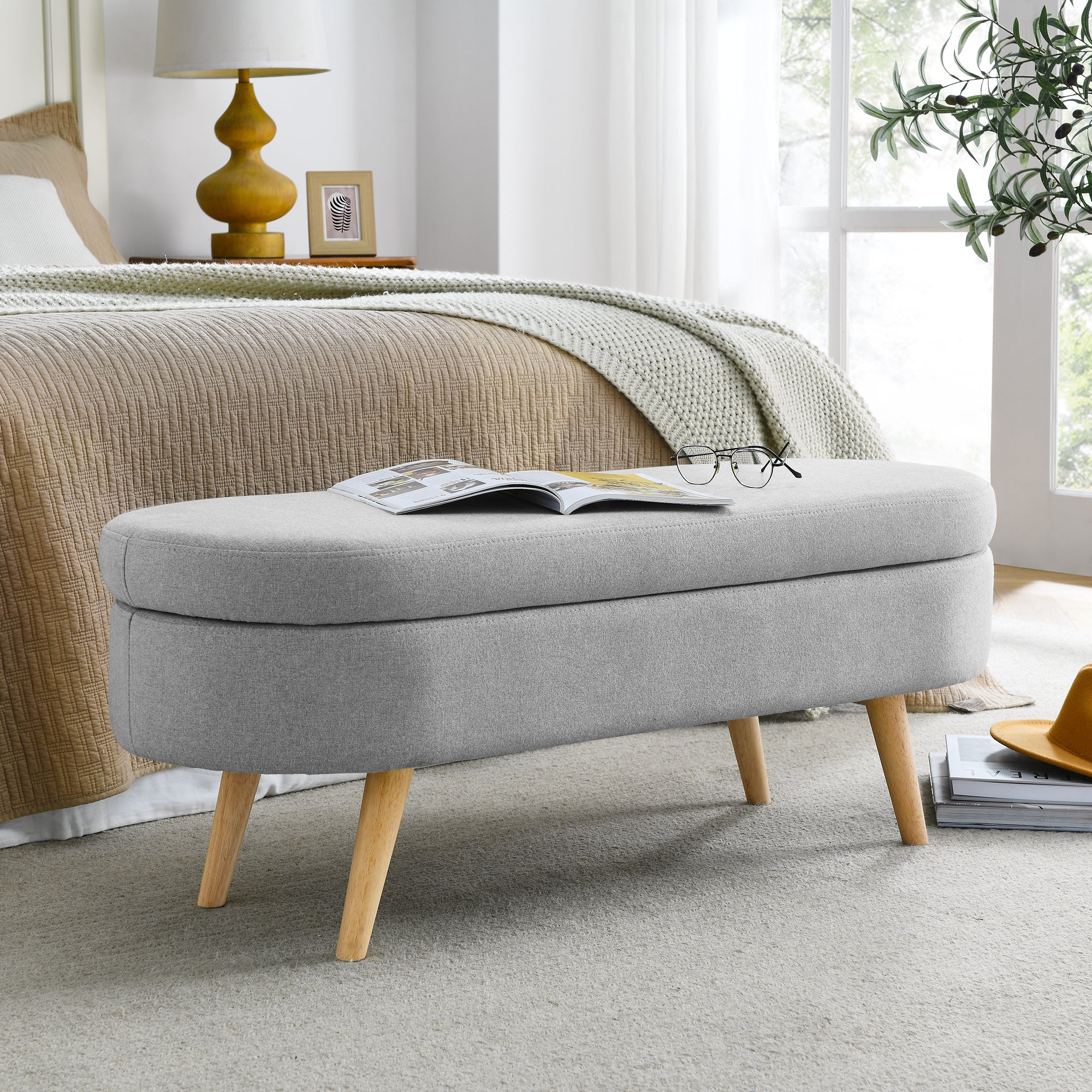 Grey Ottoman Oval Storage Bench, 43.5