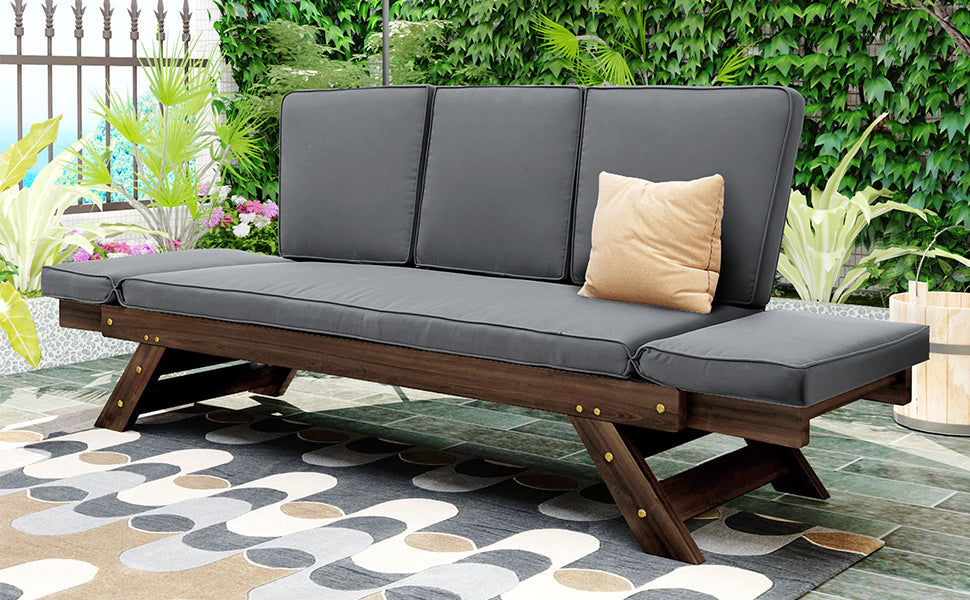 Adjustable Wooden Patio Daybed Sofa with Cushions, Brown + Gray Finish