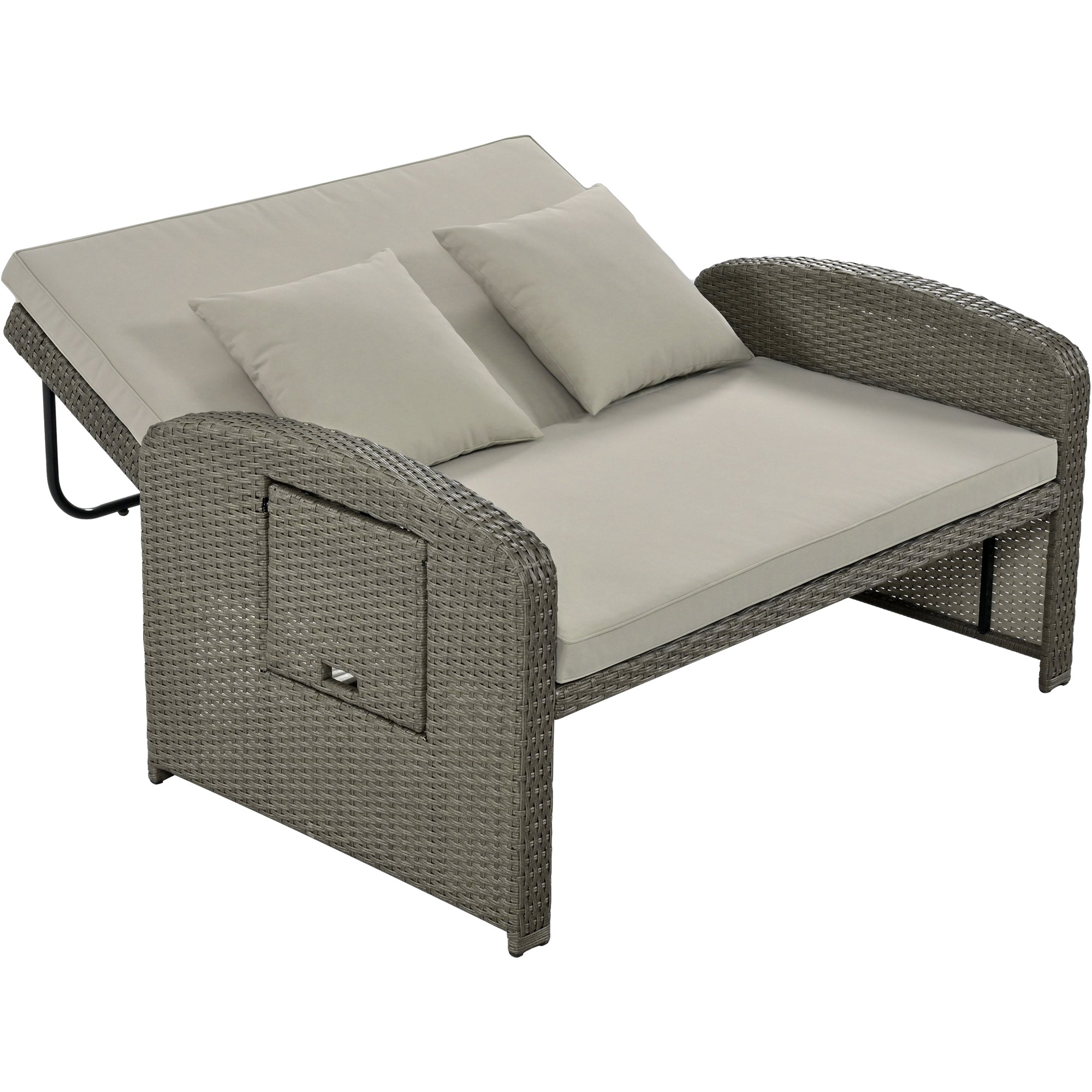 PE Wicker Rattan Double Chaise Lounge, Adjustable Reclining Daybed