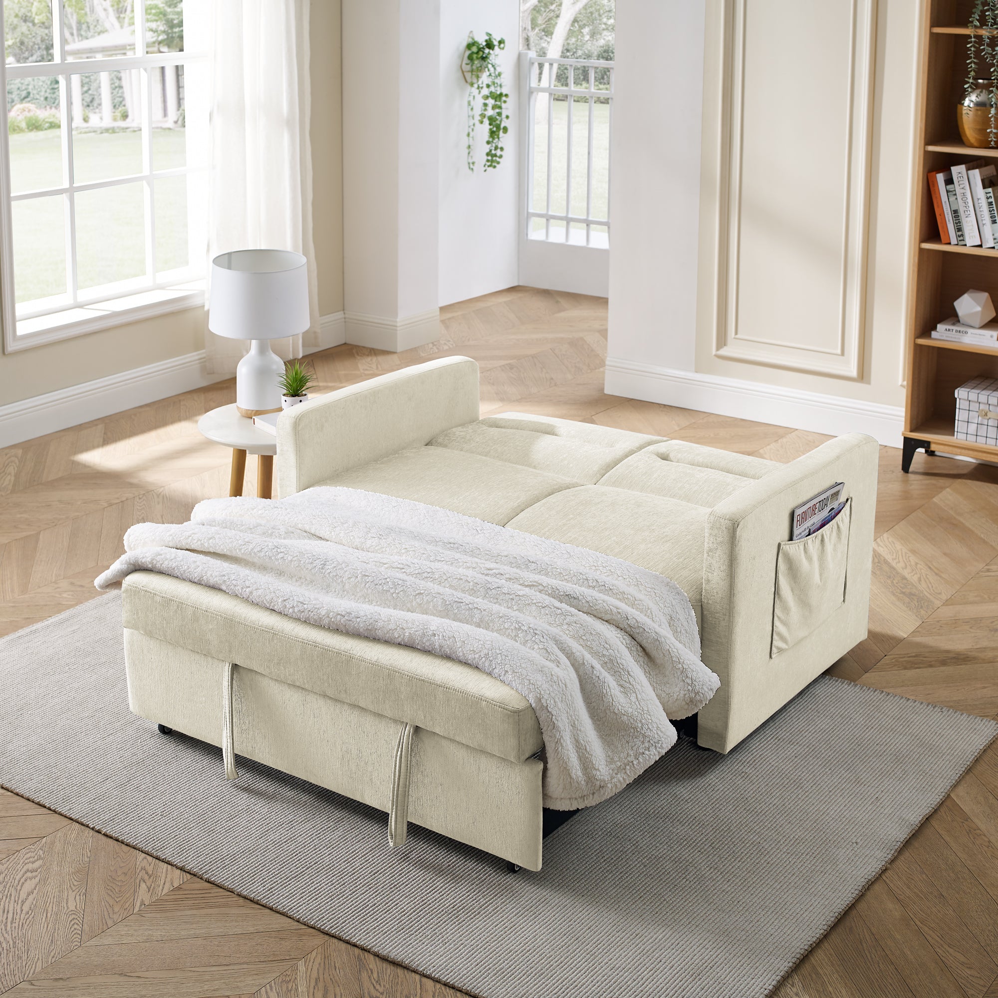 Beige Loveseat Sofa Bed with Pull-Out Bed, Adjustable Back & Arm Pockets