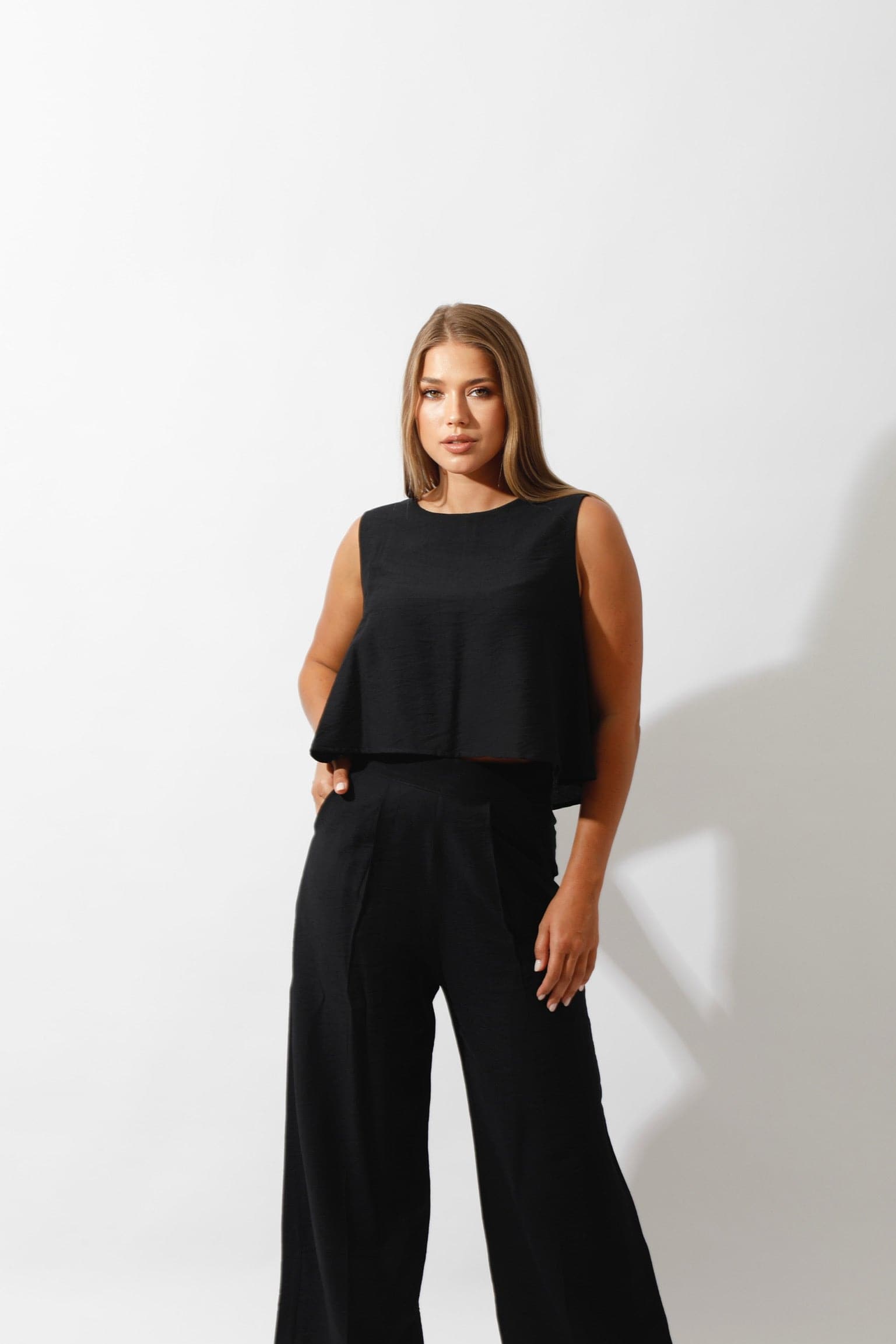 Sleeveless Tank Top & Wide Leg Pants Lounge Set - Black