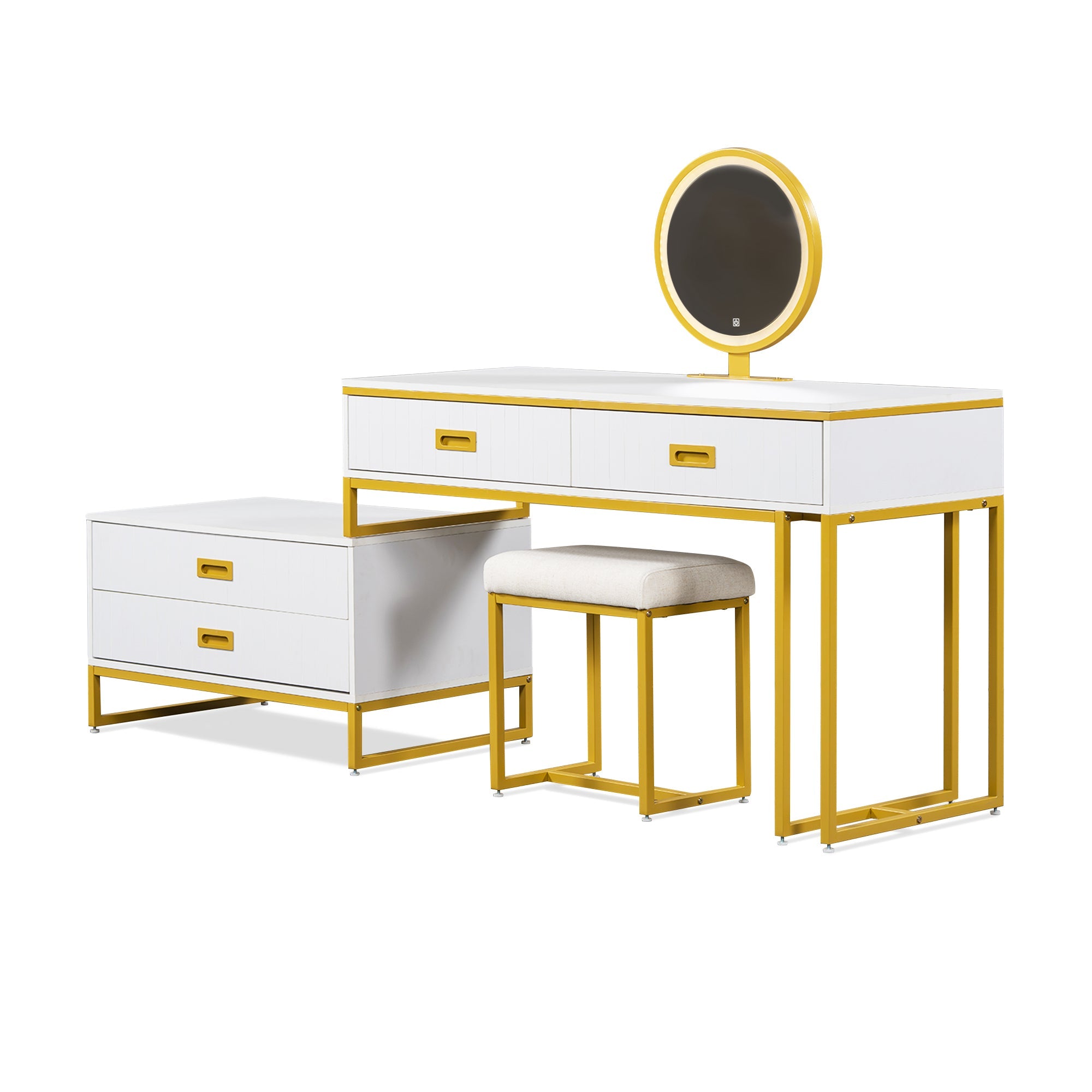 Modern Vanity Table with Movable Side Cabinet, 4 Drawers & Mirror