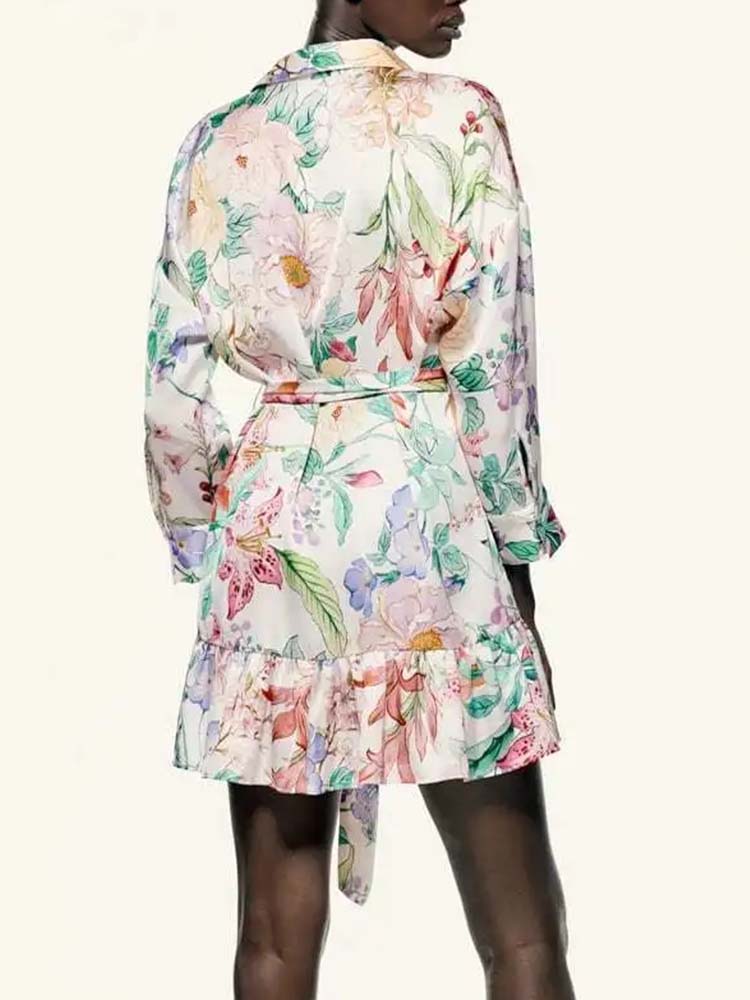 Women Fashion Floral Print Mini Dress Vintage Long Sleeve With Sashes Female Elegant Dresses