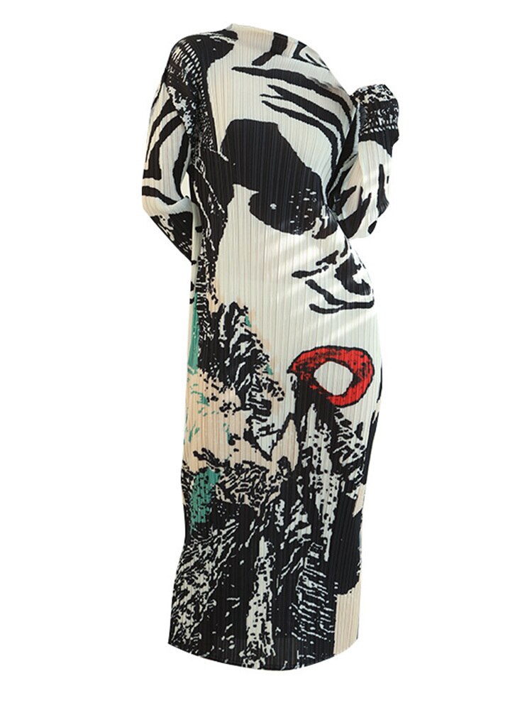 Zebra Printing Pleated Dress Women's Turtleneck Long Sleeves Slim Dresses Autumn Summer Elegant Clothing