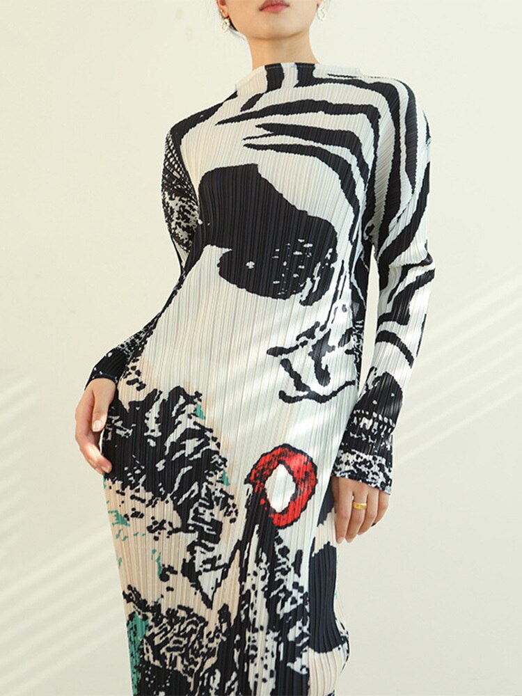 Zebra Printing Pleated Dress Women's Turtleneck Long Sleeves Slim Dresses Autumn Summer Elegant Clothing