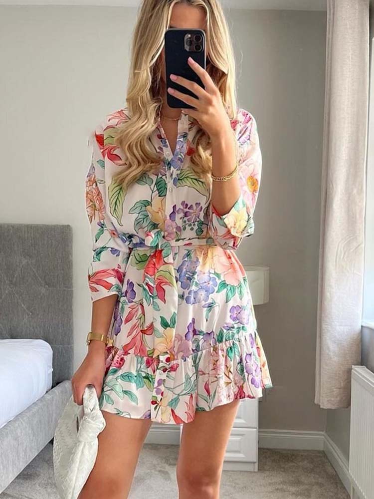 Women Fashion Floral Print Mini Dress Vintage Long Sleeve With Sashes Female Elegant Dresses