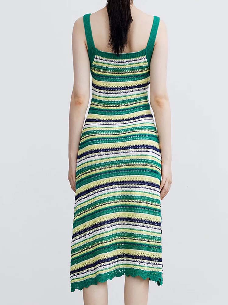 Women's Dress Traf Fashion Stripe Knitted Elegant Dresses For Women Summer Backless Thin Straps Midi Dress
