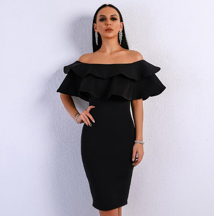 Women Sexy Off Shoulder Slash Neck Ruffles Backless Dresses Female Split Elegant Solid Color Dress