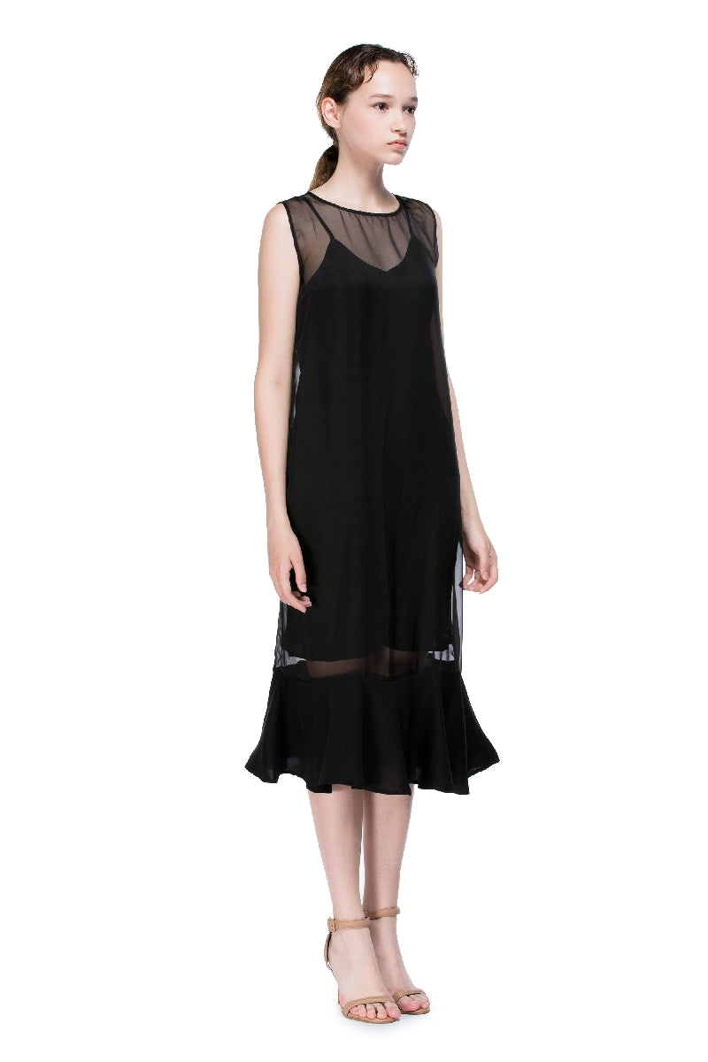 Black Round Neck Flounced Dress