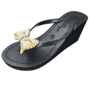 Gold and Pearl Bow- Embellished Women's High Wedge Flip Flops Sandal